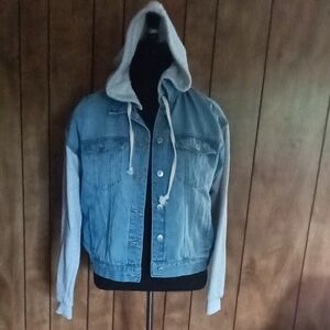 Denim Hooded Jacket with Gray Sleeves
